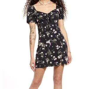 BP Ditsy Floral Tie Front Minidress Black XS Peasant Sleeve Babydoll 90’s Style